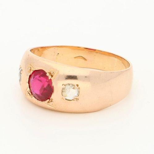 Ring - 18 karaat Geel goud Robijn - Diamant; roos geslepen, Sieraden, Tassen en Uiterlijk, Ringen