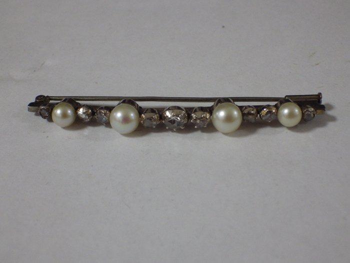 Speld Platina Diamant (Natuurlijk) - Parel - 9 diamanten en, Sieraden, Tassen en Uiterlijk, Antieke sieraden