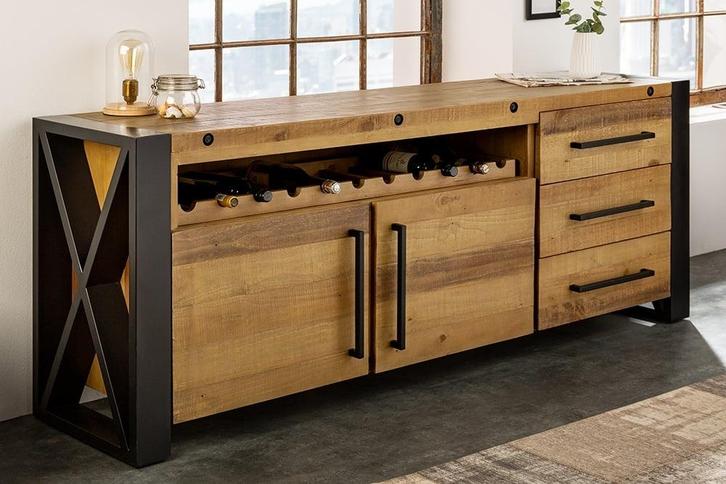 Massief houten dressoir THOR 195cm vintage bruin grenen, Huis en Inrichting, Kasten | Dressoirs, Ophalen of Verzenden