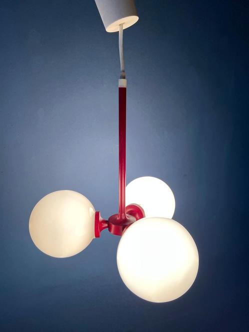 Red Mid Century Opaline Glass Chandelier, Huis en Inrichting, Lampen | Kroonluchters, Nieuw, Ophalen of Verzenden