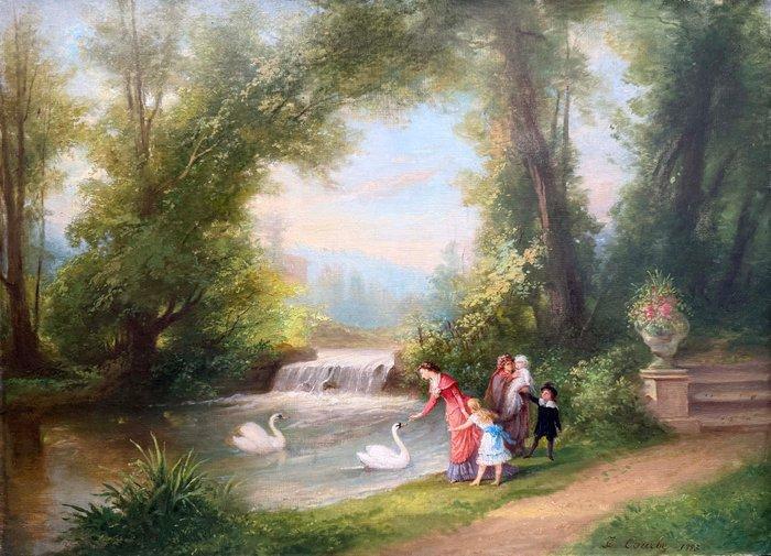 J. C. Courbe (XIX) - Cascade sous les arbres - NO RESERVE, Antiek en Kunst, Kunst | Schilderijen | Klassiek