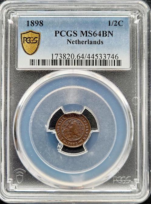 Koningin Wilhelmina 1/2 cent 1898 MS64 BN PCGS (pop 2/3), Postzegels en Munten, Munten | Nederland, Losse munt, Zilver, Verzenden