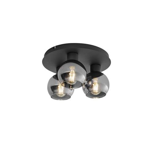 Art Deco plafondlamp zwart met smoke glas 3-lichts - Vidro, Huis en Inrichting, Lampen | Plafondlampen, Nieuw, Glas