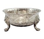 Large sterling silver bonbon bowl with repoussé rural scenes