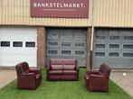 Bankstel SENIOREN Mecam bruin leer 2 zit bank +2 fauteuils, Huis en Inrichting, Zo goed als nieuw, Vierpersoons of meer, Rechte bank