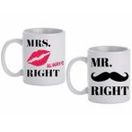 Beker cadeau set Mr &amp; Mrs Right 300 ml - Bruiloft mokken, Nieuw, Ophalen of Verzenden