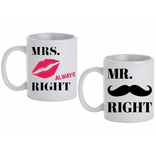 Beker cadeau set Mr &amp; Mrs Right 300 ml - Bruiloft mokken, Huis en Inrichting, Keuken | Servies, Ophalen of Verzenden