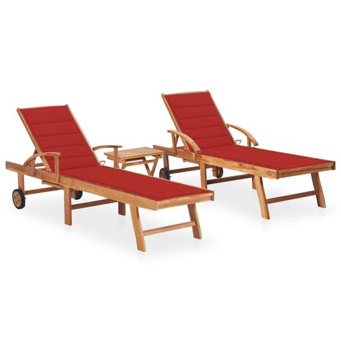 vidaXL Ligbedden 2 st met tafel en kussens massief teakhout, Tuin en Terras, Ligbedden, Nieuw, Verzenden