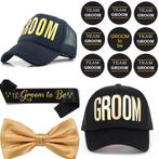 Groom to Be set met cap, sjerp, dasstrik en 9 buttons zwart, Kleding | Heren, Verzenden, Nieuw, Zwart, Accessoires
