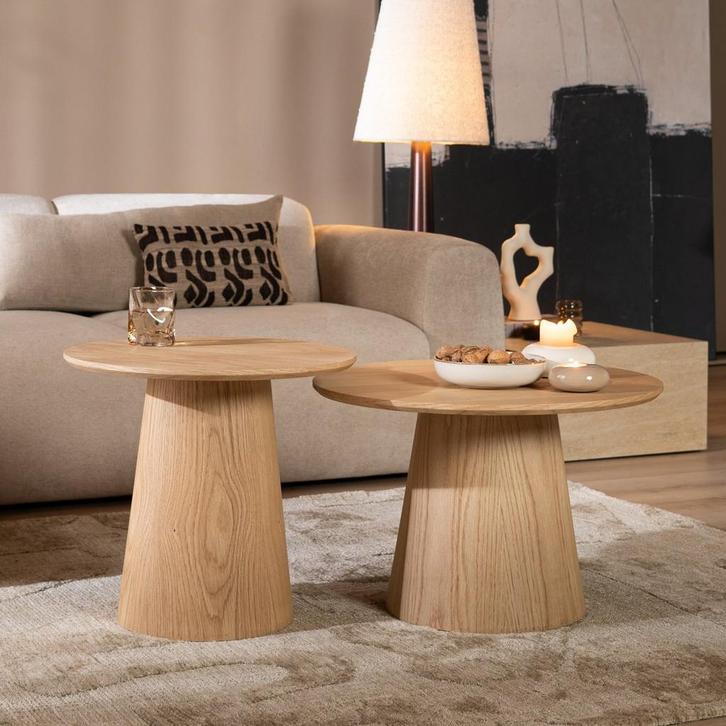 40% Korting: Salontafels Ash set van 2 Ø50 en Ø62 cm blank, Huis en Inrichting, Tafels | Salontafels, Zo goed als nieuw, Eikenhout