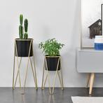 Bloempot op standaard metaal set van 2 zwart en goud, Verzenden, Nieuw