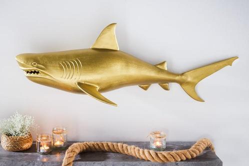 Maritieme wanddecoratie HAI 105cm goud links metalen, Huis en Inrichting, Woonaccessoires | Overige, Ophalen of Verzenden