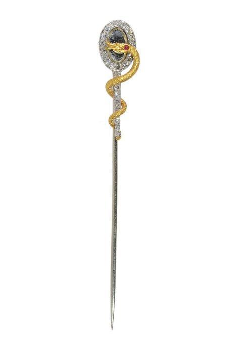 Speld - 18 karaat Geel goud, Witgoud - 0.15ct. tw. Diamant, Sieraden, Tassen en Uiterlijk, Antieke sieraden