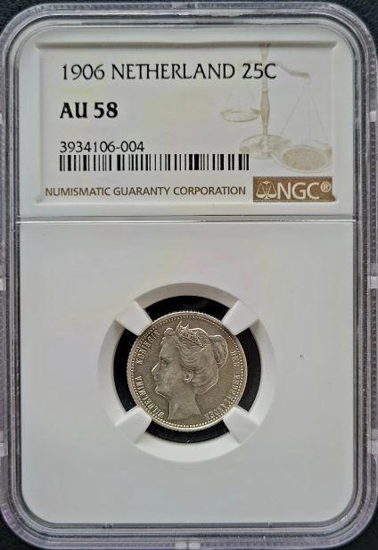 Koningin Wilhelmina 25 cent 1906 AU58 NGC gecertificeerd, Postzegels en Munten, Munten | Nederland, Losse munt, 25 cent, Koningin Wilhelmina