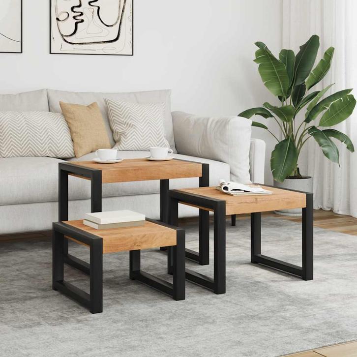 vidaXL Tafeltjesset 3 st massief hout, Huis en Inrichting, Tafels | Bijzettafels, Nieuw, Hout, 45 tot 60 cm, Verzenden