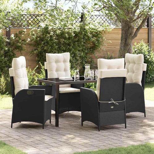 vidaXL 5-delige Tuin Eetset met Kussens Zwart Poly Rattan, Tuin en Terras, Tuinsets en Loungesets, Nieuw, Rotan, Verzenden