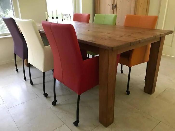 Set van 6 leren eetkamerstoelen met wieltjes en armleuning, Huis en Inrichting, Stoelen, Nieuw, Leer, Ophalen of Verzenden