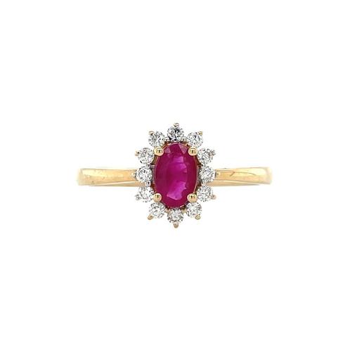 Geelgouden entourage ring met robijn en diamant 14 krt, Sieraden, Tassen en Uiterlijk, Ringen, Zo goed als nieuw, Goud, Verzenden