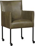 Olijfgroene leren moderne kuipstoel - poot rond zwart met wi, Huis en Inrichting, Stoelen, Overige kleuren, Nieuw, Leer, Ophalen of Verzenden