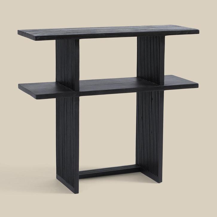 *WOONWINKEL* Zwarte Sidetable Teak Latjes, Huis en Inrichting, Tafels | Sidetables, Nieuw, Verzenden