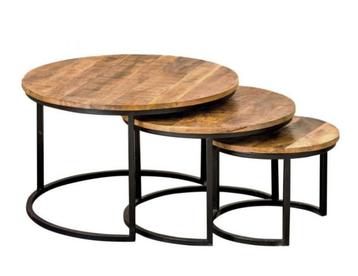 Ronde Salontafel Bart – Set van 3 – Mangohout &amp; Metaal beschikbaar voor biedingen