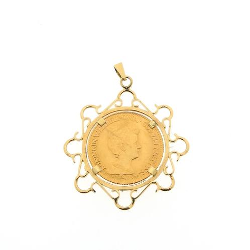 Gouden hanger van 10 gulden munt Koningin Wilhelmina 1917, Sieraden, Tassen en Uiterlijk, Bedels, Gebruikt, Overige merken, Goud