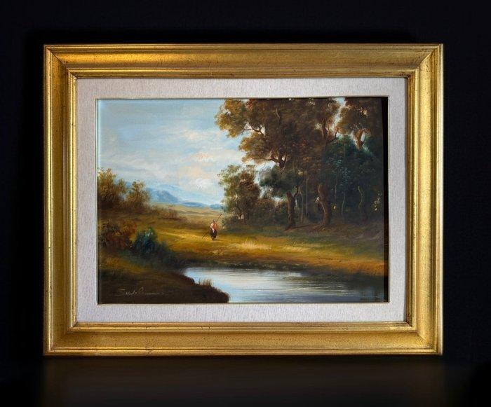 Giulio Servolini (1932) - Campagna romana con figura, Antiek en Kunst, Kunst | Schilderijen | Klassiek