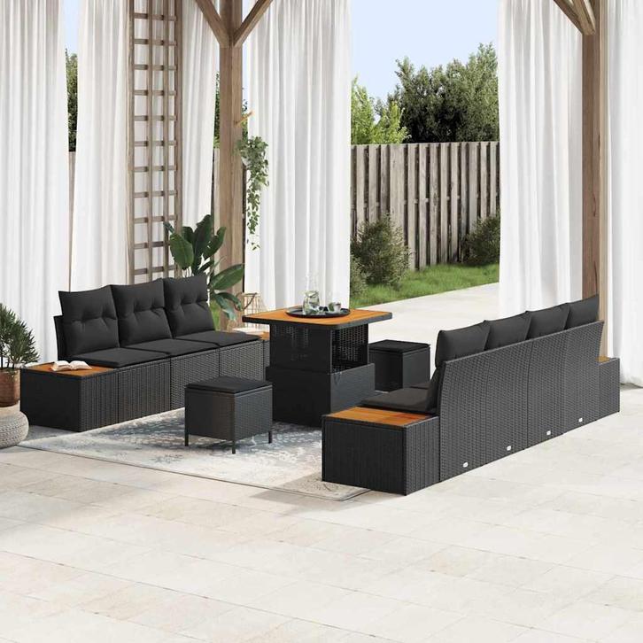 vidaXL Tuin Sofa Set met kussen 10 pcs Zwart Poly riet, Tuin en Terras, Tuinsets en Loungesets, Nieuw, Rotan, Verzenden