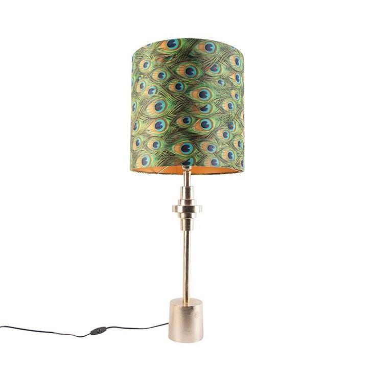 Art Deco tafellamp goud velours kap pauw dessin 40 cm -, Huis en Inrichting, Lampen | Tafellampen, Nieuw, 75 cm of meer