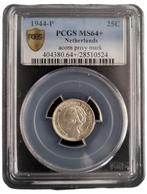 Koningin Wilhelmina 25 cent 1944-P MS64+ PCGS, Zilver, Losse munt, Verzenden