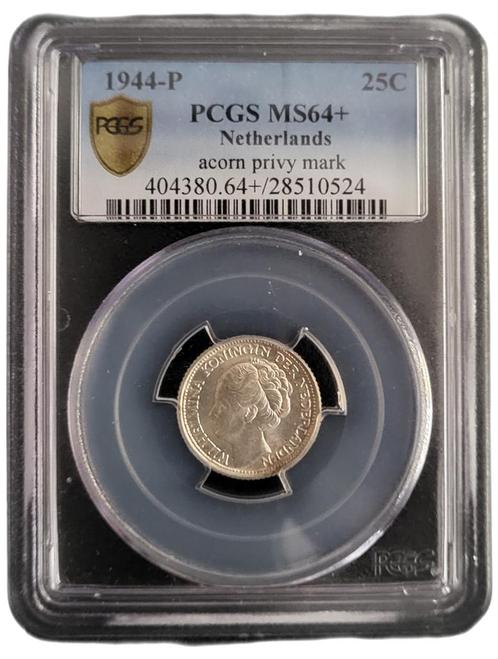 Koningin Wilhelmina 25 cent 1944-P MS64+ PCGS, Postzegels en Munten, Munten | Nederland, Losse munt, 25 cent, Koningin Wilhelmina