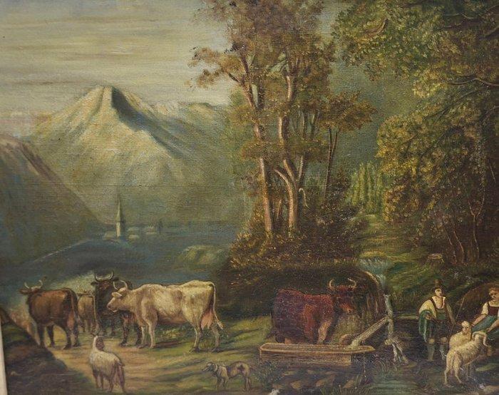 Belgische school (XIX) - Landschap met hoevedieren, Antiek en Kunst, Kunst | Schilderijen | Klassiek