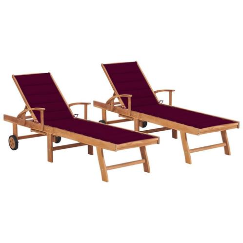 vidaXL Ligbedden 2 st met wijnrode kussens massief teakhout, Tuin en Terras, Ligbedden, Nieuw, Verzenden