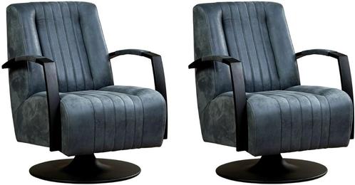 Blauwe leren industriële draaifauteuils - staal zwart frame, Huis en Inrichting, Fauteuils, 50 tot 75 cm, 75 tot 100 cm, Nieuw