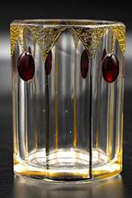 Crystal Glass Vase - Ruby Red Cabochon and Golden Decor -, Antiek en Kunst