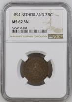 Koningin Wilhelmina 2 1/2 cent 1894 MS62 BN NGC (pop 2/ 4), Verzenden, Koningin Wilhelmina, Losse munt