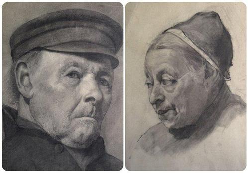Hollandse School (XX) - Portrettekeningen van een echtpaar, Antiek en Kunst, Kunst | Schilderijen | Klassiek