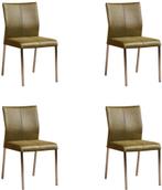 Set van 4 Olijfgroene leren moderne eetkamerstoelen - poot v, Huis en Inrichting, Overige kleuren, Nieuw, Leer, Ophalen of Verzenden