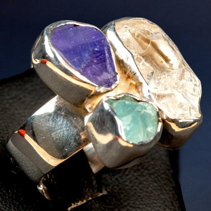 Zilveren ring met tanzaniet, aquamarijn en Herkimer-diamant, Verzamelen, Mineralen en Fossielen