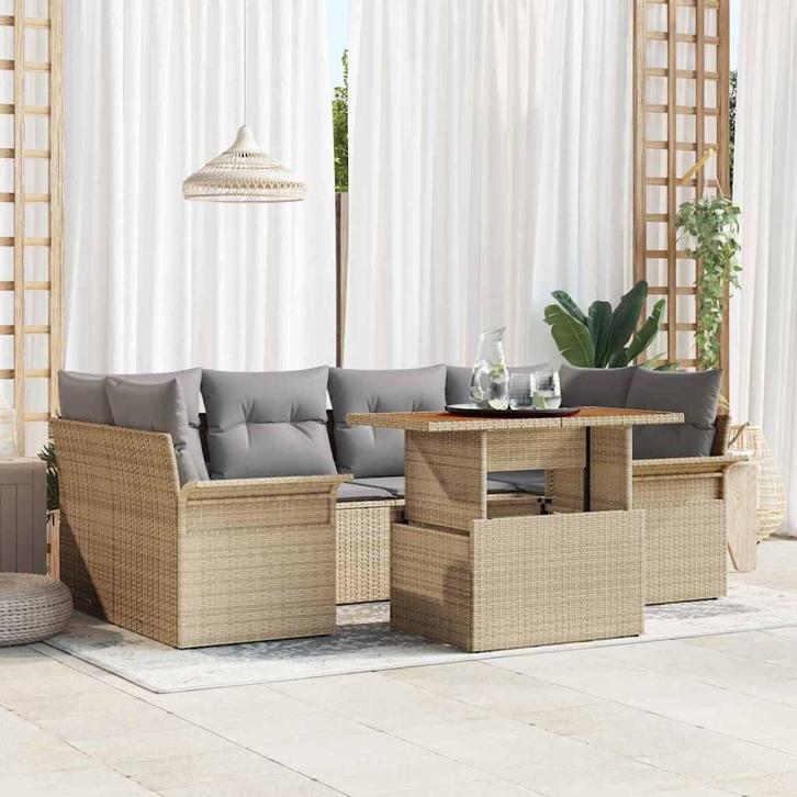 vidaXL Tuin Sofa Set met opslag 7 pcs Beige Poly riet, Tuin en Terras, Tuinsets en Loungesets, Nieuw, Rotan, Verzenden