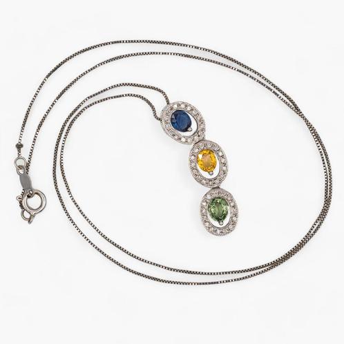 14K Gouden hanger – 0,20CT Diamant &amp; 1,30CT Saffieren., Sieraden, Tassen en Uiterlijk, Kettinghangers, Met edelsteen, Wit