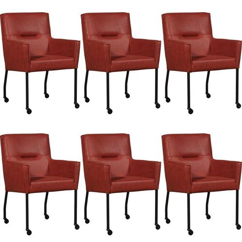 Set van 6 Rode leren moderne eetkamerstoelen - Vintage Leer, Huis en Inrichting, Stoelen, Vijf, Zes of meer stoelen, Overige kleuren