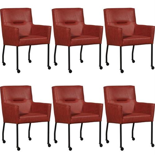 Set van 6 Rode leren moderne eetkamerstoelen - Vintage Leer, Huis en Inrichting, Stoelen, Vijf, Zes of meer stoelen, Overige kleuren
