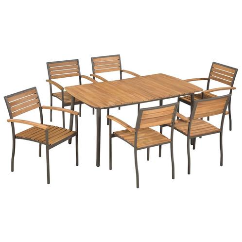 vidaXL 7-delige Tuinset massief acaciahout en staal, Tuin en Terras, Tuinsets en Loungesets, Tuinset, Nieuw, 6 zitplaatsen, Hout
