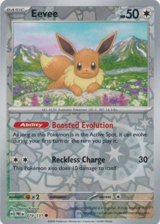 Eevee 074/131 reverse holo Prismatic Evolutions, Hobby en Vrije tijd, Verzamelkaartspellen | Pokémon, Losse kaart, Nieuw, Foil