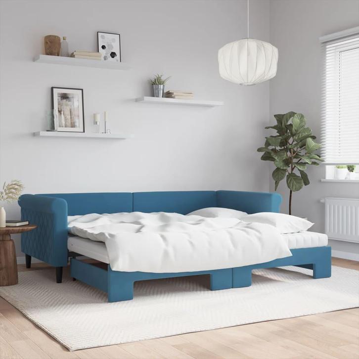 vidaXL Slaapbank onderschuifbed en matrassen 90x200 cm, Huis en Inrichting, Slaapkamer | Bedden, 90 cm, 200 cm, Blauw, Eenpersoons
