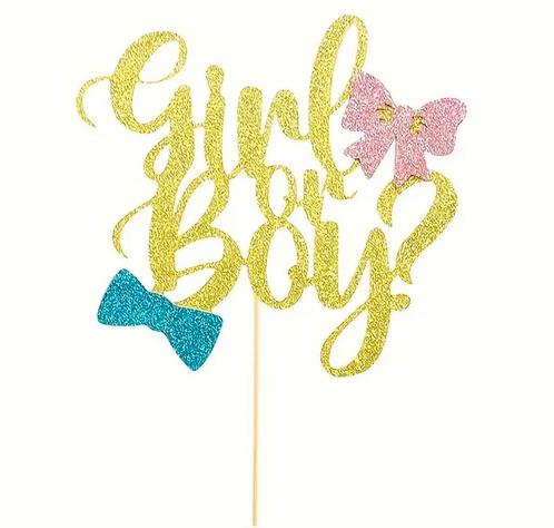 Genderreveal taart topper boy or girl goud met strikjes, Hobby en Vrije tijd, Taarten en Cupcakes maken, Taarten of Cupcakes, Versiering