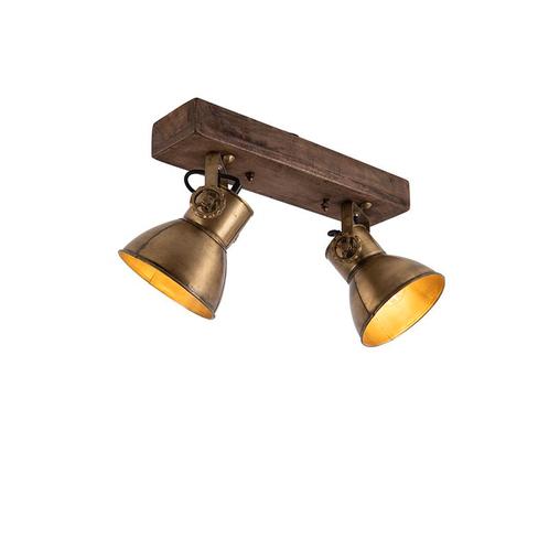 Plafondlamp brons 2-lichts met hout - Mangoes, Huis en Inrichting, Lampen | Spots