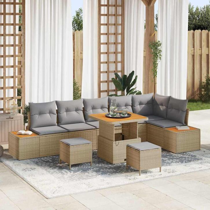 vidaXL Tuin Sofa Set met kussen 9 pcs Beige Poly riet, Tuin en Terras, Tuinsets en Loungesets, Nieuw, Rotan, Verzenden