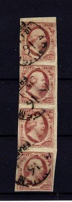 Nederland 1852 - Willem III - verticale strip van 4 plaat, Postzegels en Munten, Postzegels | Nederland, Gestempeld